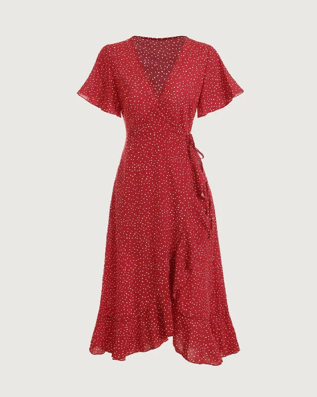 Off - the - shoulder midi dress for a flirty and romantic lookThe Polka Dot Ruffle Wrap Dress Off - the - shoulder midi dress for a flirty and romantic lookThe Polka Dot Ruffle Wrap Dress