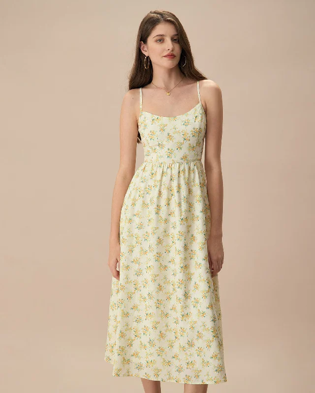 Elastic - waist midi dress for maximum comfort and flexibilityThe Yellow Ruched Floral Slip Midi Dress Elastic - waist midi dress for maximum comfort and flexibilityThe Yellow Ruched Floral Slip Midi Dress
