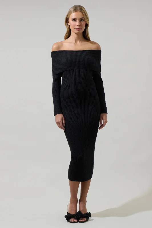 Fringe - trimmed midi dress for a playful and trendy appearanceVonnie Off the Shoulder Midi Sweater Dress Fringe - trimmed midi dress for a playful and trendy appearanceVonnie Off the Shoulder Midi Sweater Dress