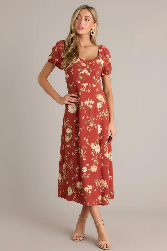 Empire waist midi dress for a flattering and feminine fitWish You Were Here Burnt Orange Puff Sleeve Midi Dress Empire waist midi dress for a flattering and feminine fitWish You Were Here Burnt Orange Puff Sleeve Midi Dress
