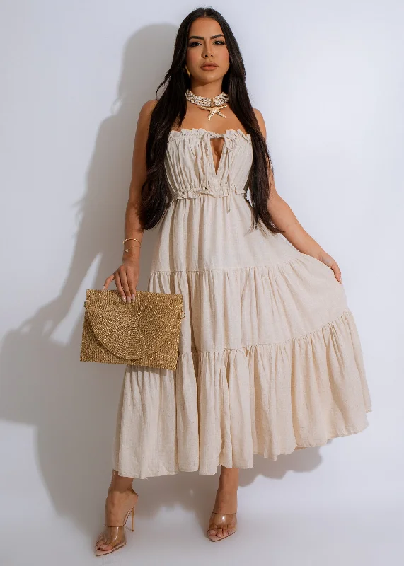 Ruffled hem midi dress for a charming and playful vibeWith Love Linen Midi Dress Nude Ruffled hem midi dress for a charming and playful vibeWith Love Linen Midi Dress Nude