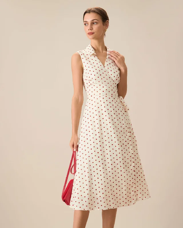 Midi dress for petite body types with proportionate sizingWomen's Beige Poka Dot Wrap Midi Dress Midi dress for petite body types with proportionate sizingWomen's Beige Poka Dot Wrap Midi Dress