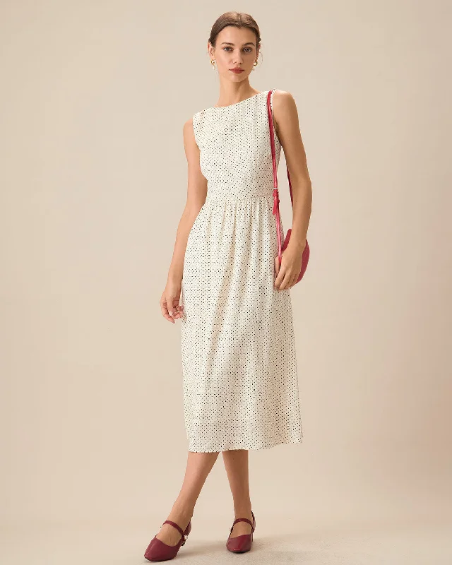 Tiered midi dress for a voluminous and feminine lookWomen's Beige Polka Dot Sleeveless Midi Dress Tiered midi dress for a voluminous and feminine lookWomen's Beige Polka Dot Sleeveless Midi Dress