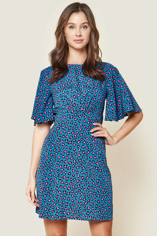 long sleeve mini dressesZiggy Blue Leopard Print Flutter Sleeve Mini Dress